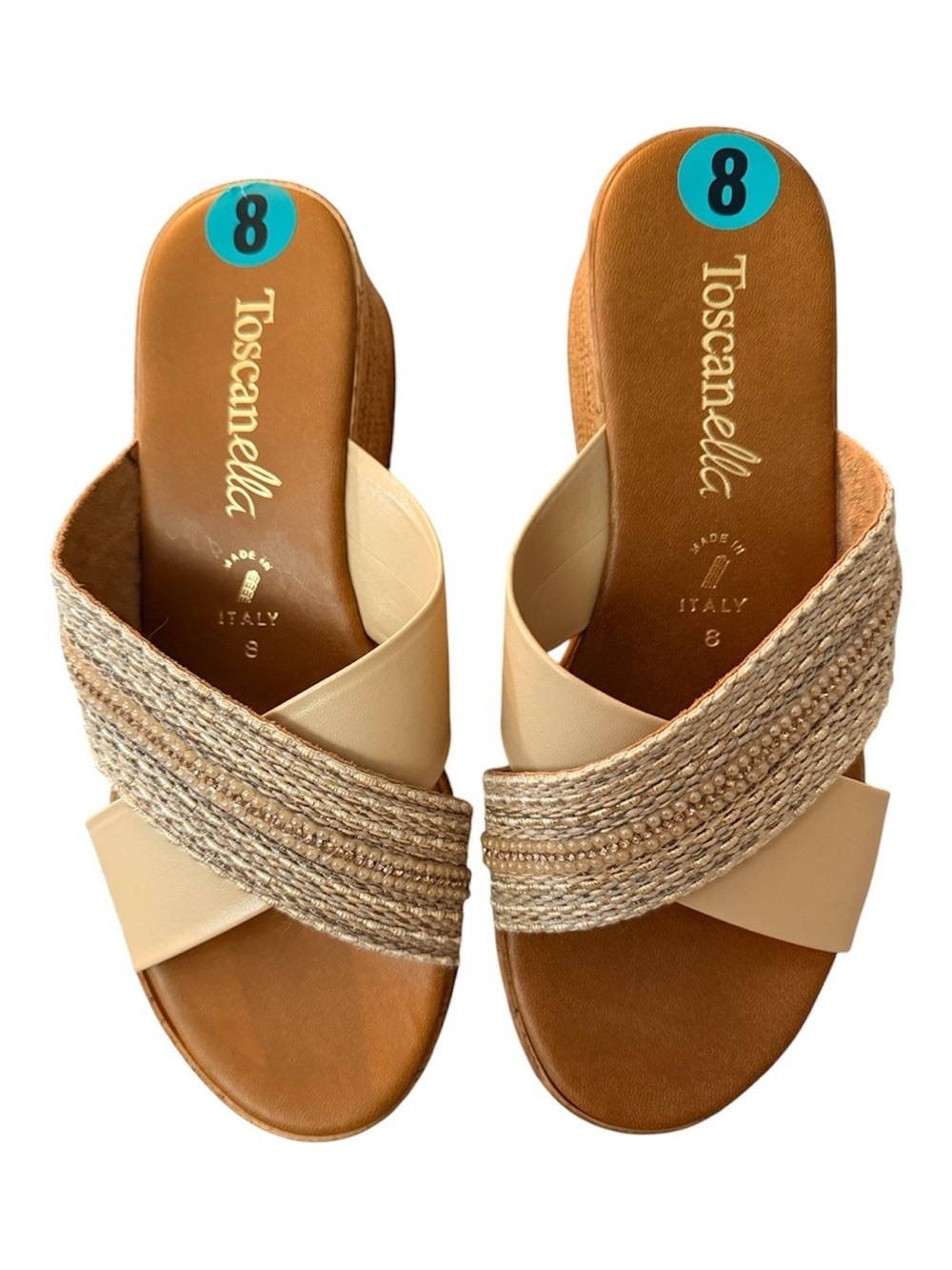 NWOT Toscanoella Beige Cross-Strap wedge Slide Sandals neutral summer open toe 8